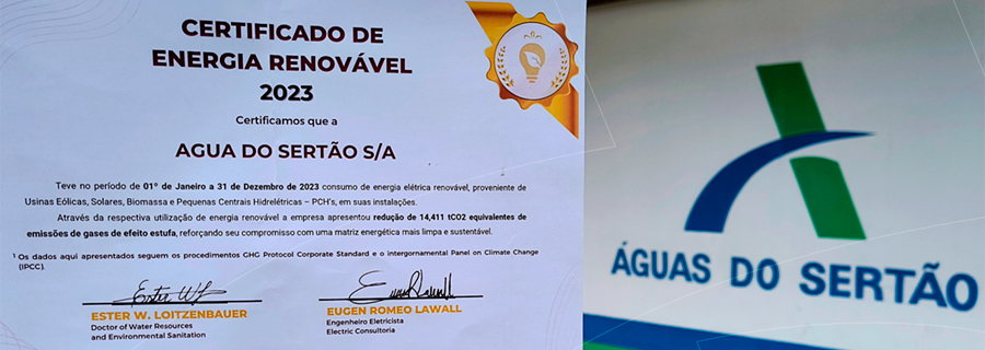 Imagem Águas do Sertão recebe certificado de energia renovável e anuncia inauguração de usina solar Imagem Águas do Sertão recebe certificado de energia renovável e anuncia inauguração de usina solar